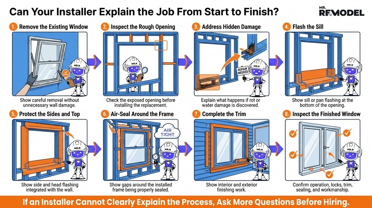 Infographic Title: Can Your Installer Explain the Job From Start to Finish? Internal Strategic Purpose: Give homeowners a simple way to test installer knowledge by asking for a clear sequence of what happens during window replacement. Do not include this text in the infographic. Visual Layout: Design the infographic as an eight-frame construction storyboard. Follow one window opening from the original window through completed replacement. Each frame should visually continue from the previous frame so the homeowner sees the actual installation sequence instead of eight unrelated icons. Strict Asset Instructions: Color System: • Orange (#EF8C1D) for numbered stages, flashing locations, sealing details, damage markers, and important callouts. • Blue (#5044FF) for wall structures, timeline framework, construction panels, and section dividers. • Black for body text and captions. • White for backgrounds and whitespace. Color Balance: • 60% White • 20% Blue • 15% Orange • 5% Black Logo Integrity: • Place the official Mr. Remodel logo in the upper-right corner. • The logo must remain completely unchanged. • Do NOT redraw, recolor, crop, distort, stylize, or create alternate versions. Robot Mascot Integrity: • The Mr. Remodel Robot mascot must remain completely unchanged and fully recognizable. • Only pose changes are permitted. Layout Safety: • The logo and robot must never overlap text or graphics. • The robot should feel naturally integrated into the composition. Installation Story: 1. Remove the Existing Window Show careful removal without unnecessary wall damage. 2. Inspect the Rough Opening Check the exposed opening before installing the replacement. 3. Address Hidden Damage Explain what happens if rot or water damage is discovered. 4. Flash the Sill Show sill or pan flashing at the bottom of the opening. 5. Protect the Sides and Top Show side and head flashing integrated with the wall. 6. Air-Seal Around the Frame Show gaps around the installed frame being properly sealed. 7. Complete the Trim Show interior and exterior finishing work. 8. Inspect the Finished Window Confirm operation, locks, trim, sealing, and workmanship. Bottom Banner: If an Installer Cannot Clearly Explain the Process, Ask More Questions Before Hiring. Robot Mascot Action: Position the robot moving through the storyboard with a clipboard, inspecting each stage before allowing the project to continue.